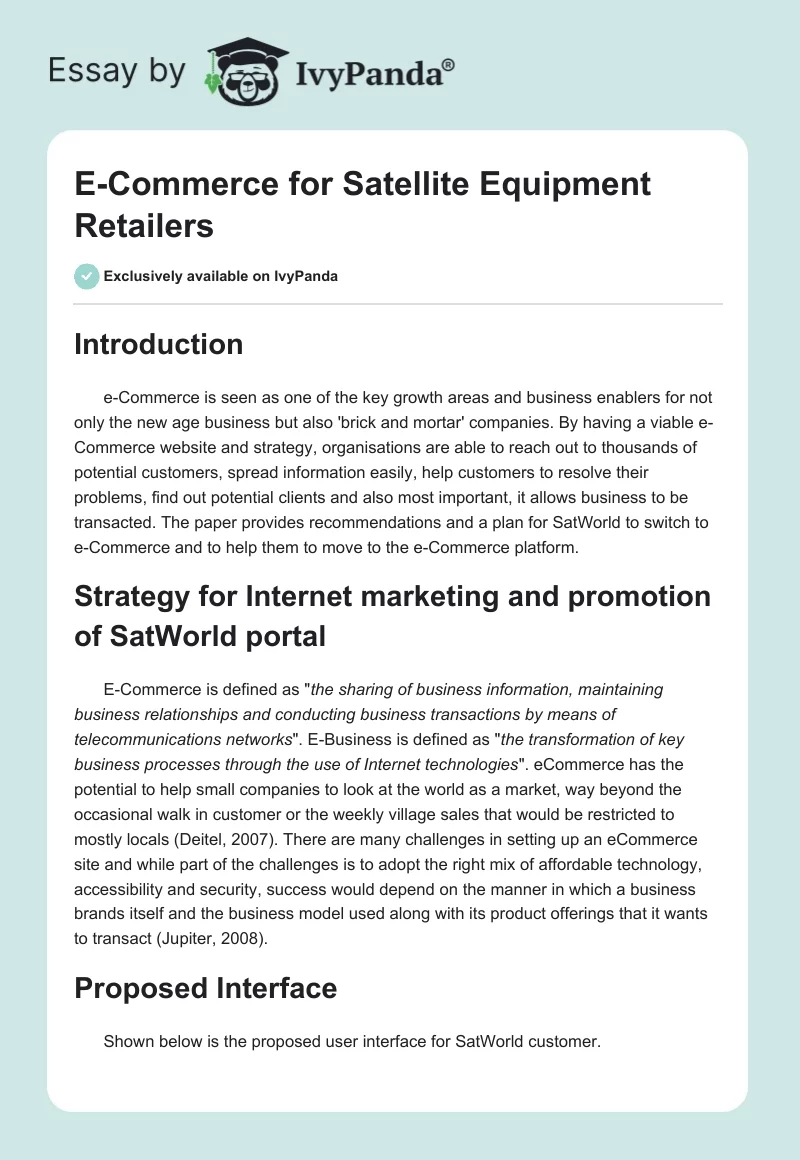 E-Commerce for Satellite Equipment Retailers. Page 1