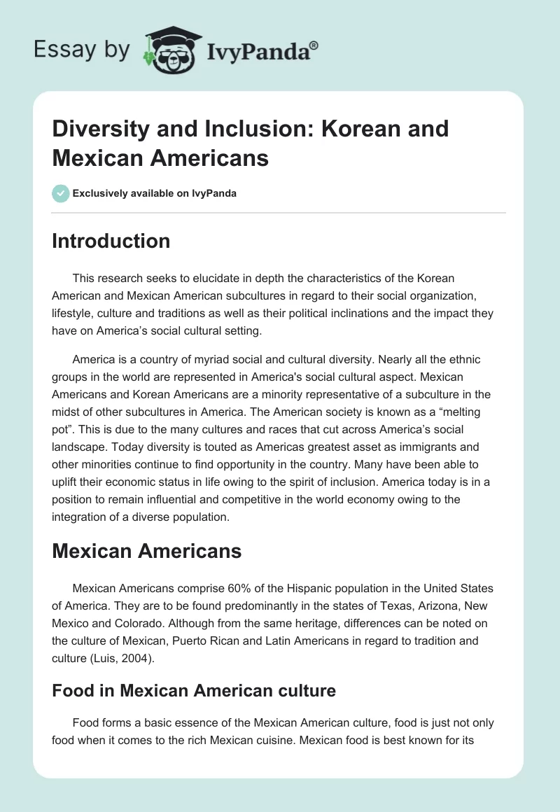 Diversity and Inclusion: Korean and Mexican Americans. Page 1