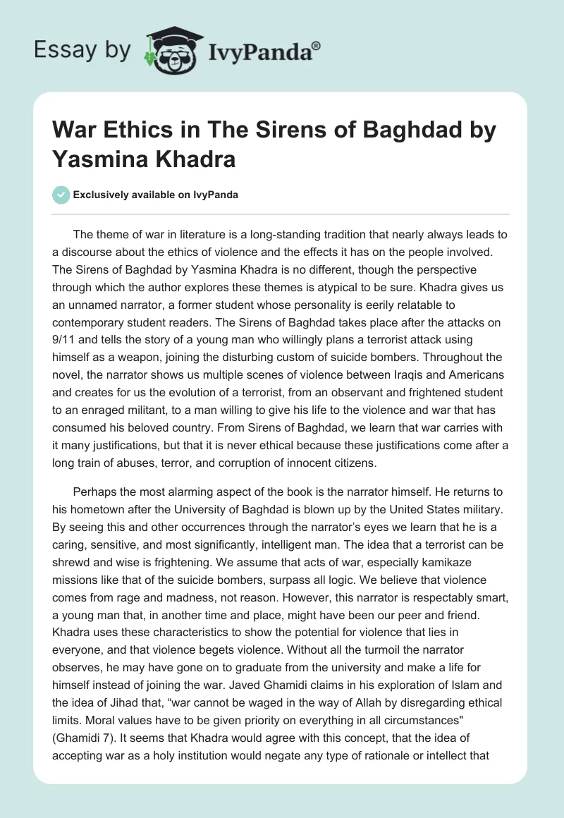 War Ethics in "The Sirens of Baghdad" by Yasmina Khadra. Page 1