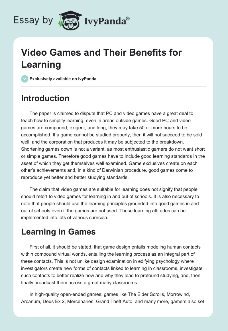Video Games and Their Benefits for Learning. Page 1