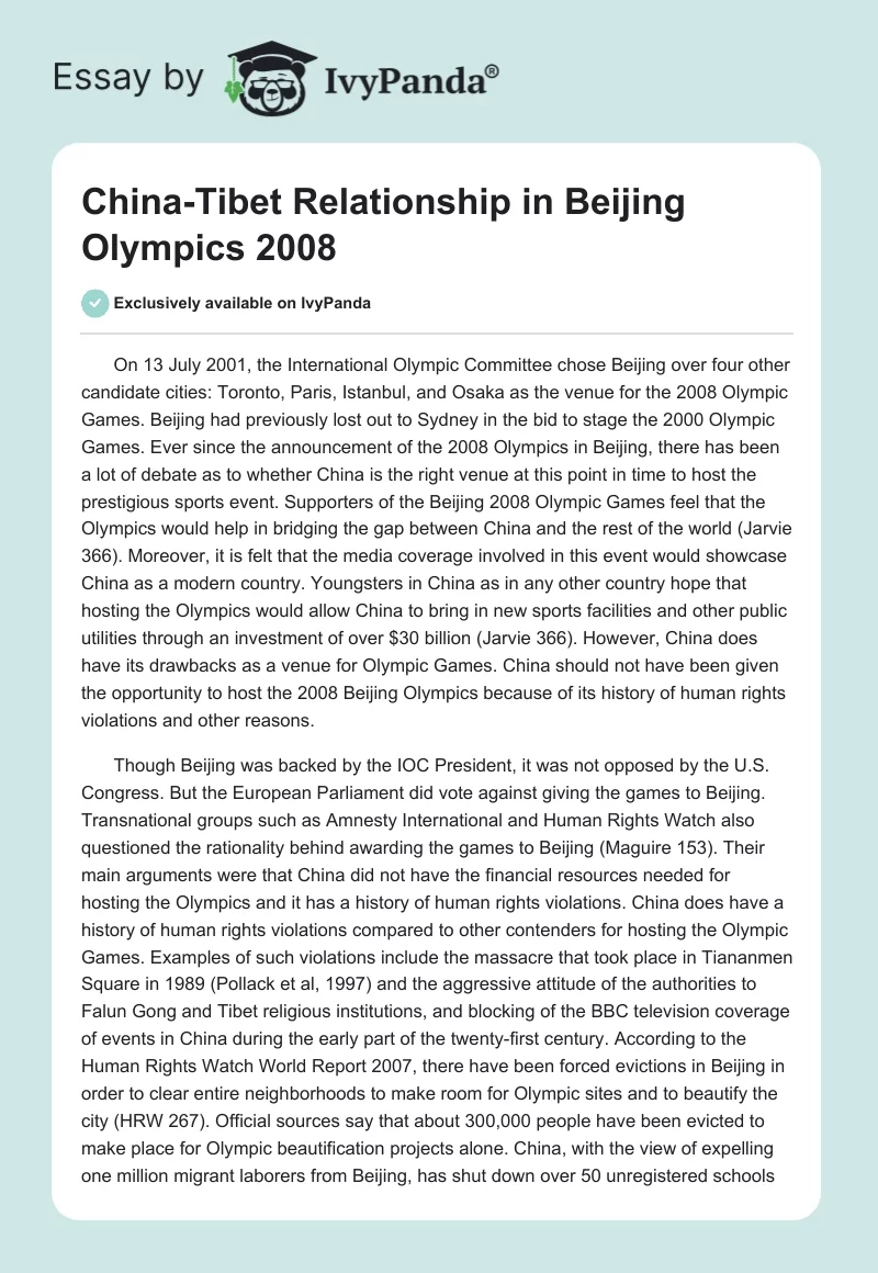 China-Tibet Relationship in Beijing Olympics 2008. Page 1