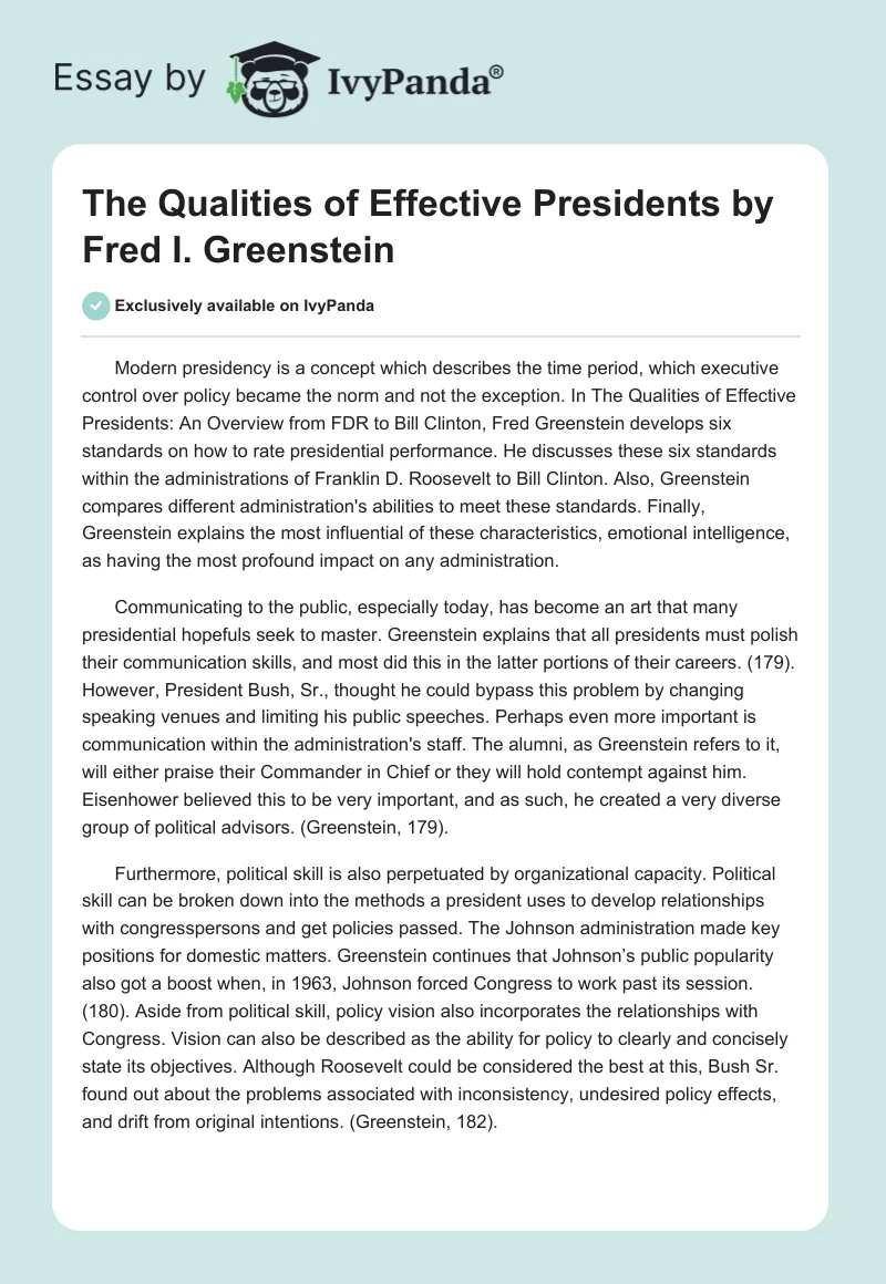 "The Qualities of Effective Presidents" by Fred I. Greenstein. Page 1