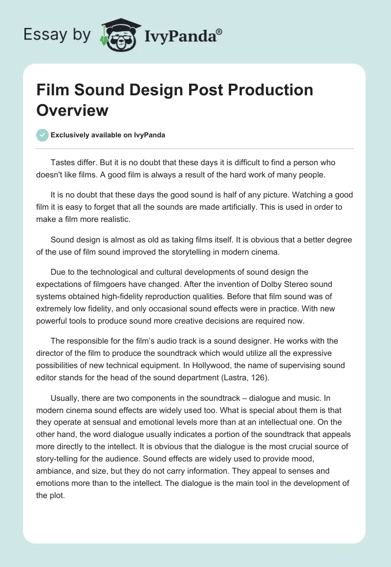 Film Sound Design Post Production Overview. Page 1
