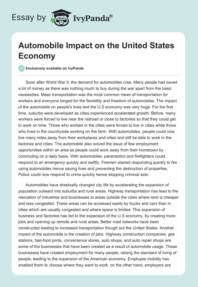 Automobile Impact on the United States Economy. Page 1