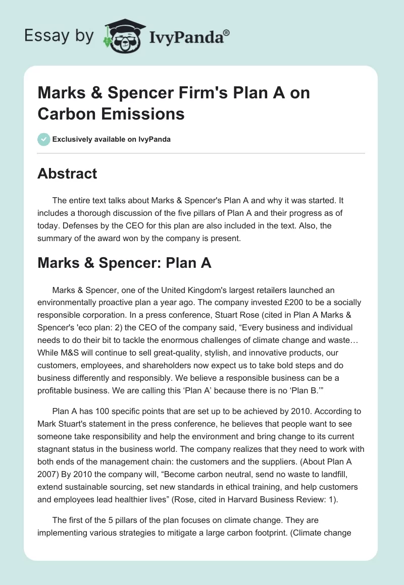 Marks & Spencer Firm's Plan A on Carbon Emissions. Page 1