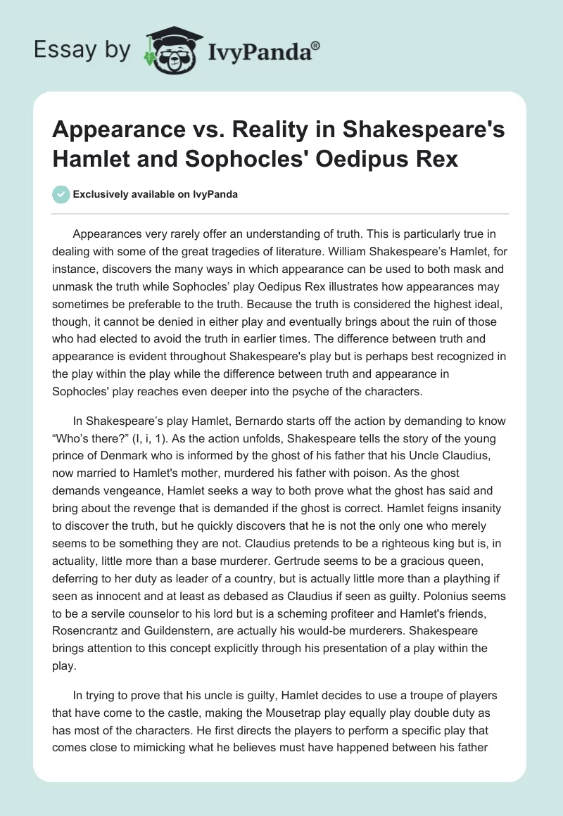 Appearance vs. Reality in Shakespeare's "Hamlet" and Sophocles' "Oedipus Rex". Page 1