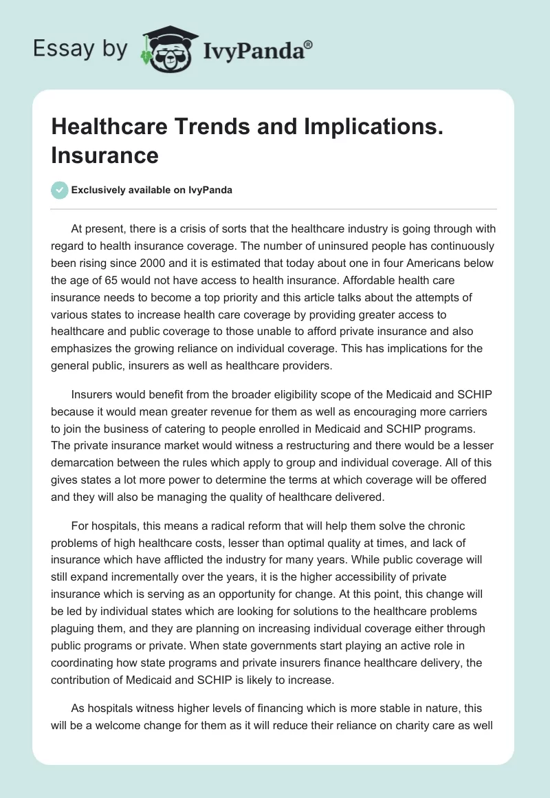 Healthcare Trends and Implications. Insurance. Page 1