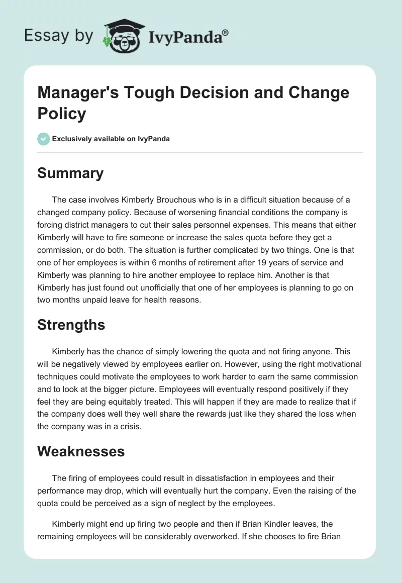 Manager's Tough Decision and Change Policy. Page 1