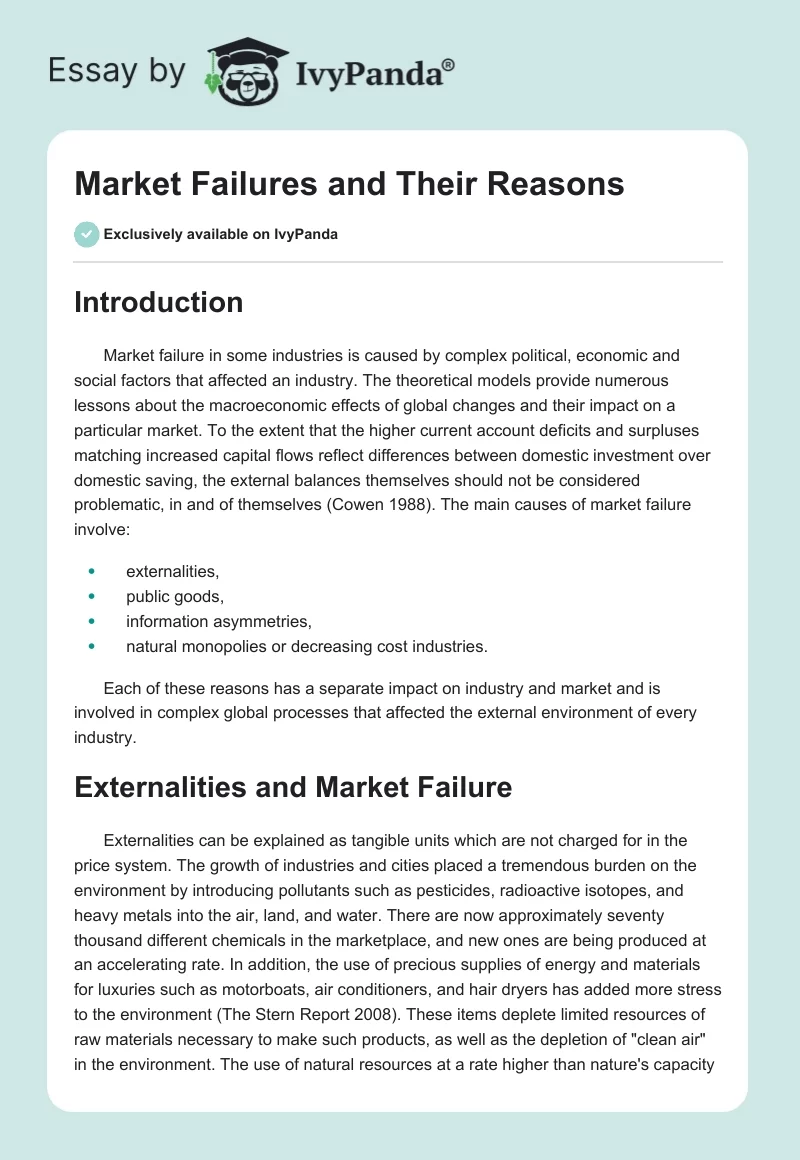 Market Failures and Their Reasons. Page 1