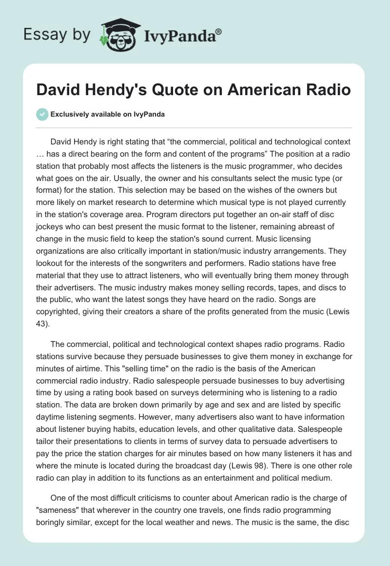 David Hendy's Quote on American Radio. Page 1