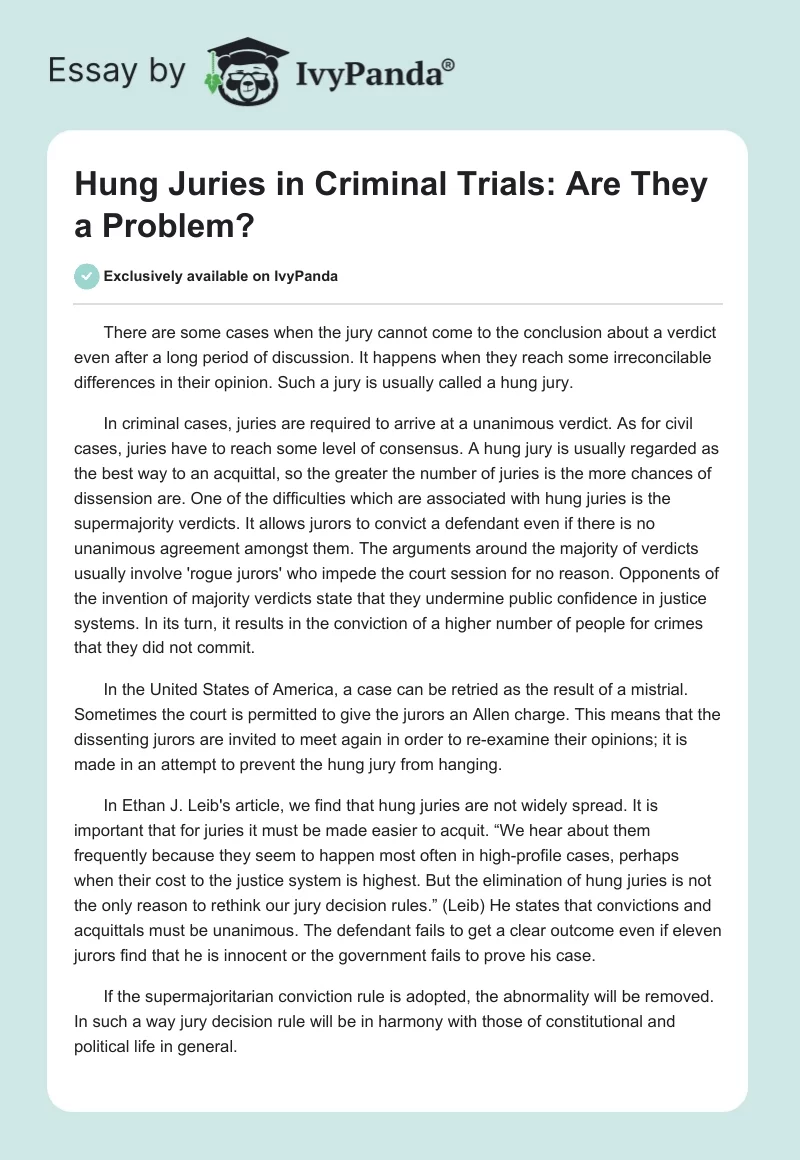 Hung Juries in Criminal Trials: Are They a Problem?. Page 1