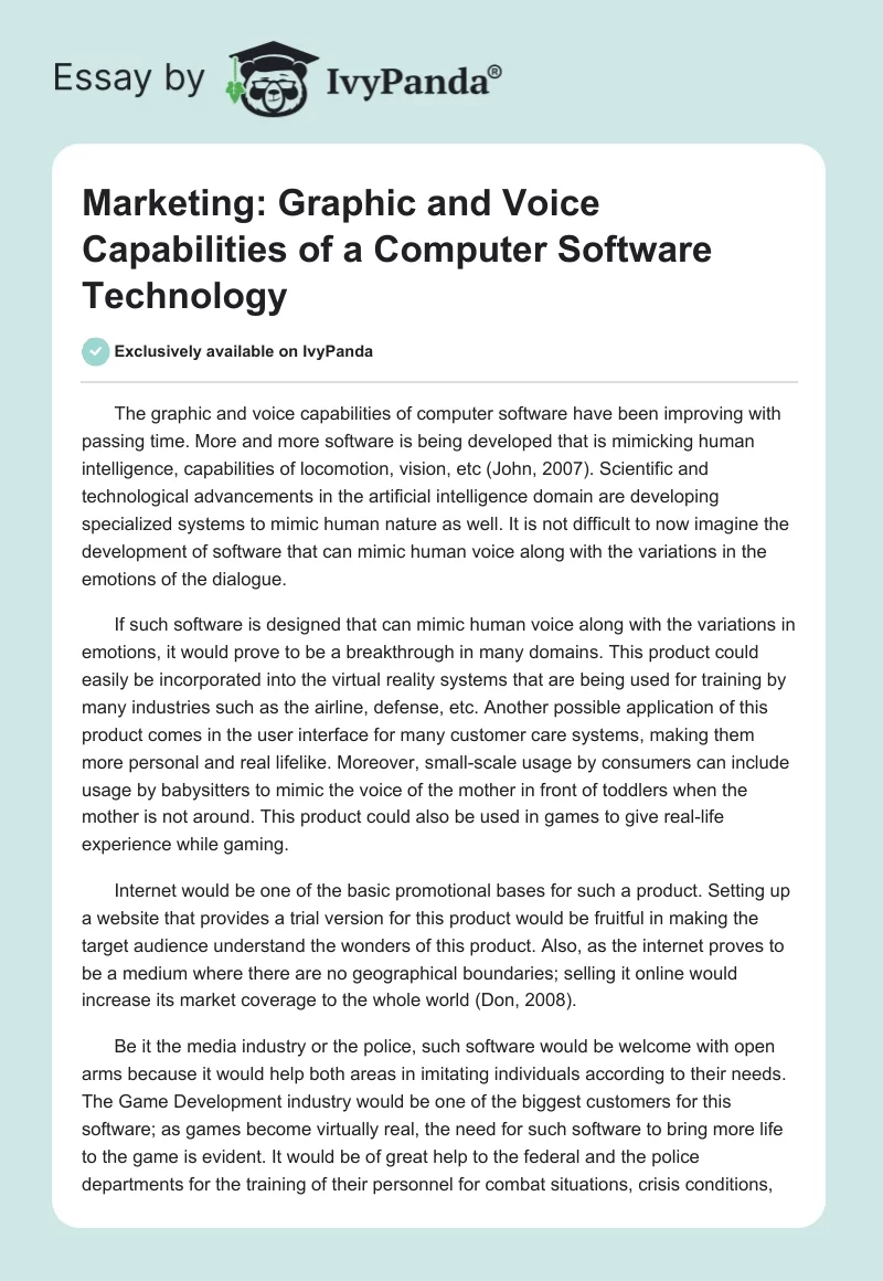 Marketing: Graphic and Voice Capabilities of a Computer Software Technology. Page 1
