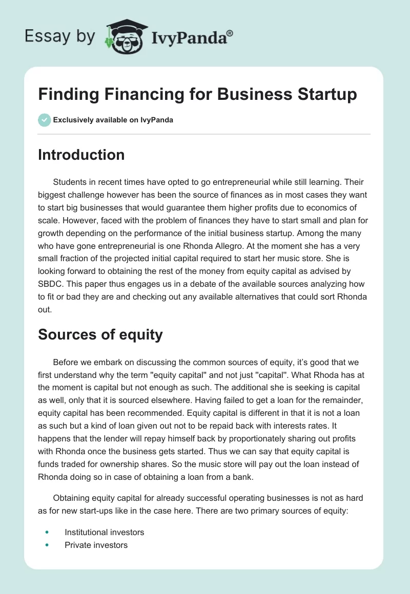 Finding Financing for Business Startup. Page 1