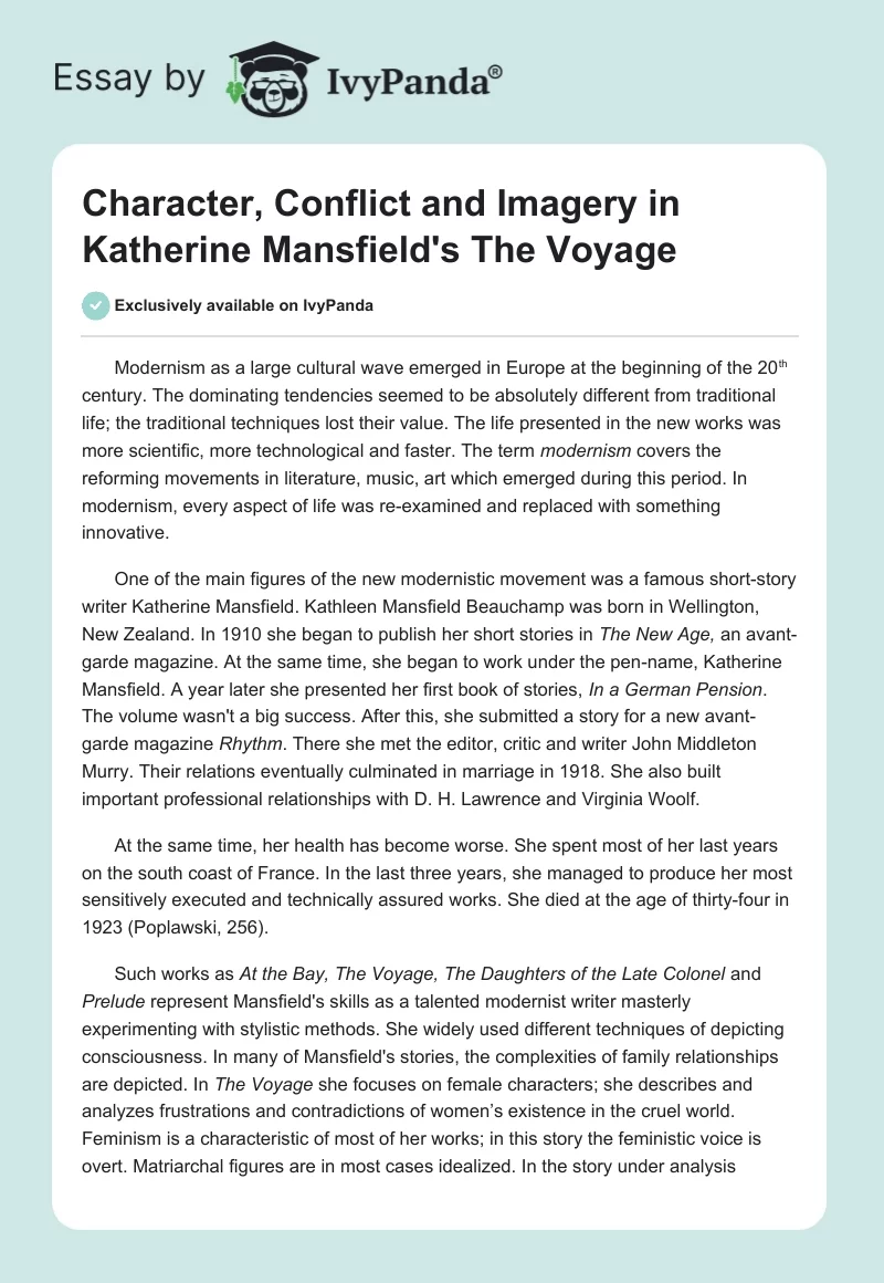 Character, Conflict and Imagery in Katherine Mansfield's "The Voyage". Page 1