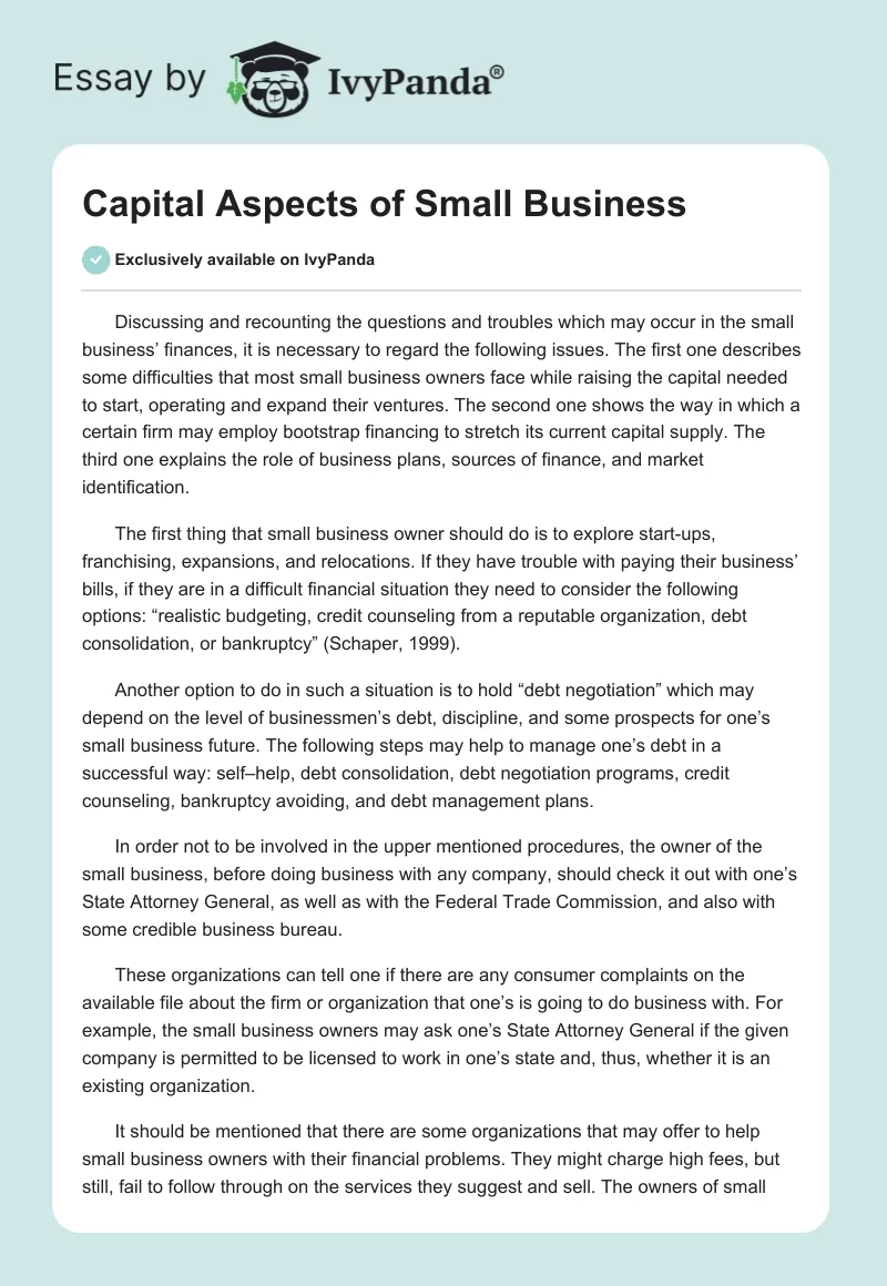 Capital Aspects of Small Business. Page 1