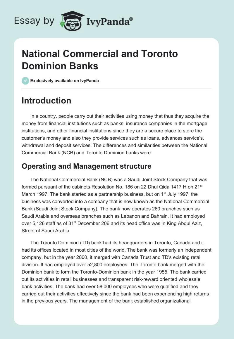 National Commercial and Toronto Dominion Banks. Page 1