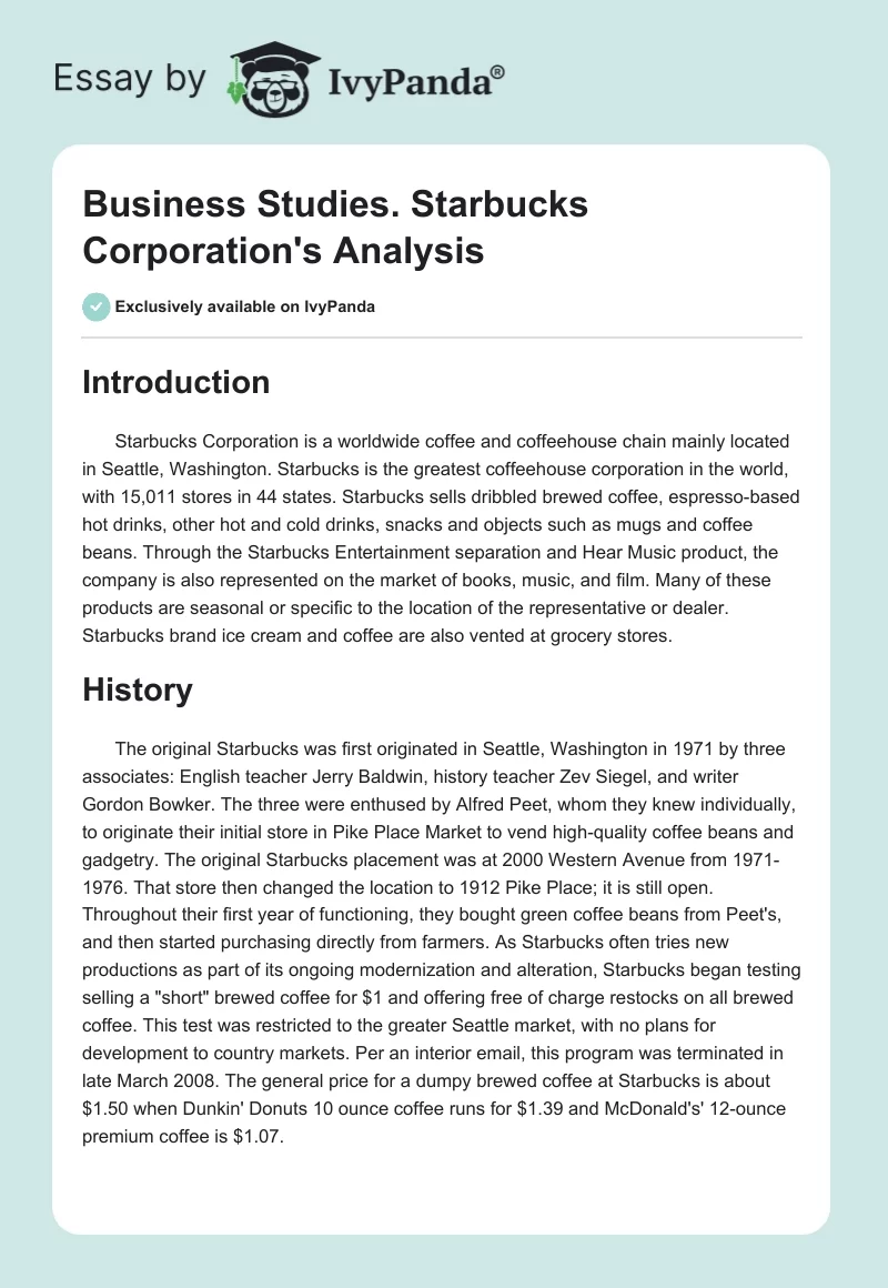 Business Studies. Starbucks Corporation's Analysis. Page 1