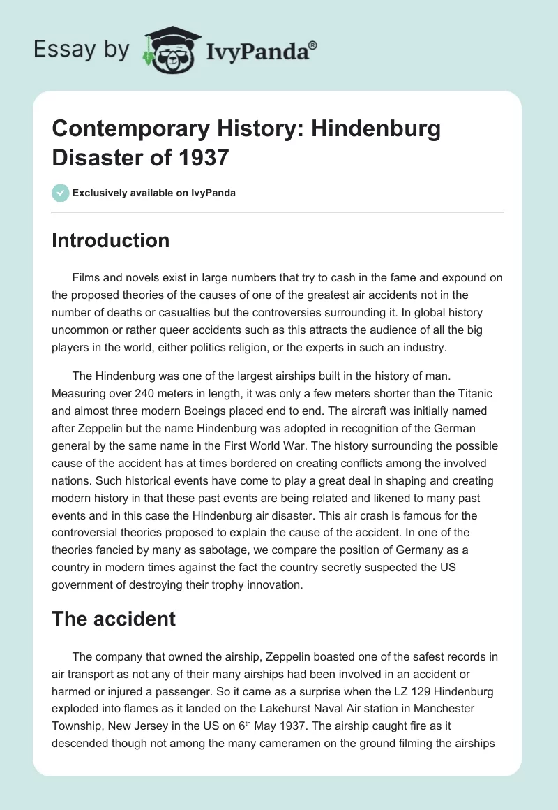 Contemporary History: Hindenburg Disaster of 1937. Page 1