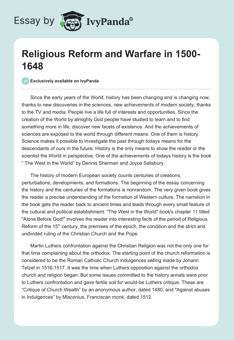 Religious Reform and Warfare in 1500-1648. Page 1