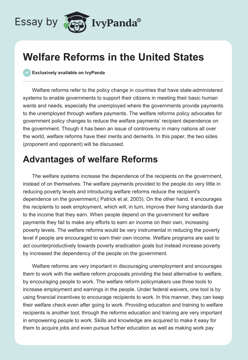 Welfare Reforms in the United States. Page 1