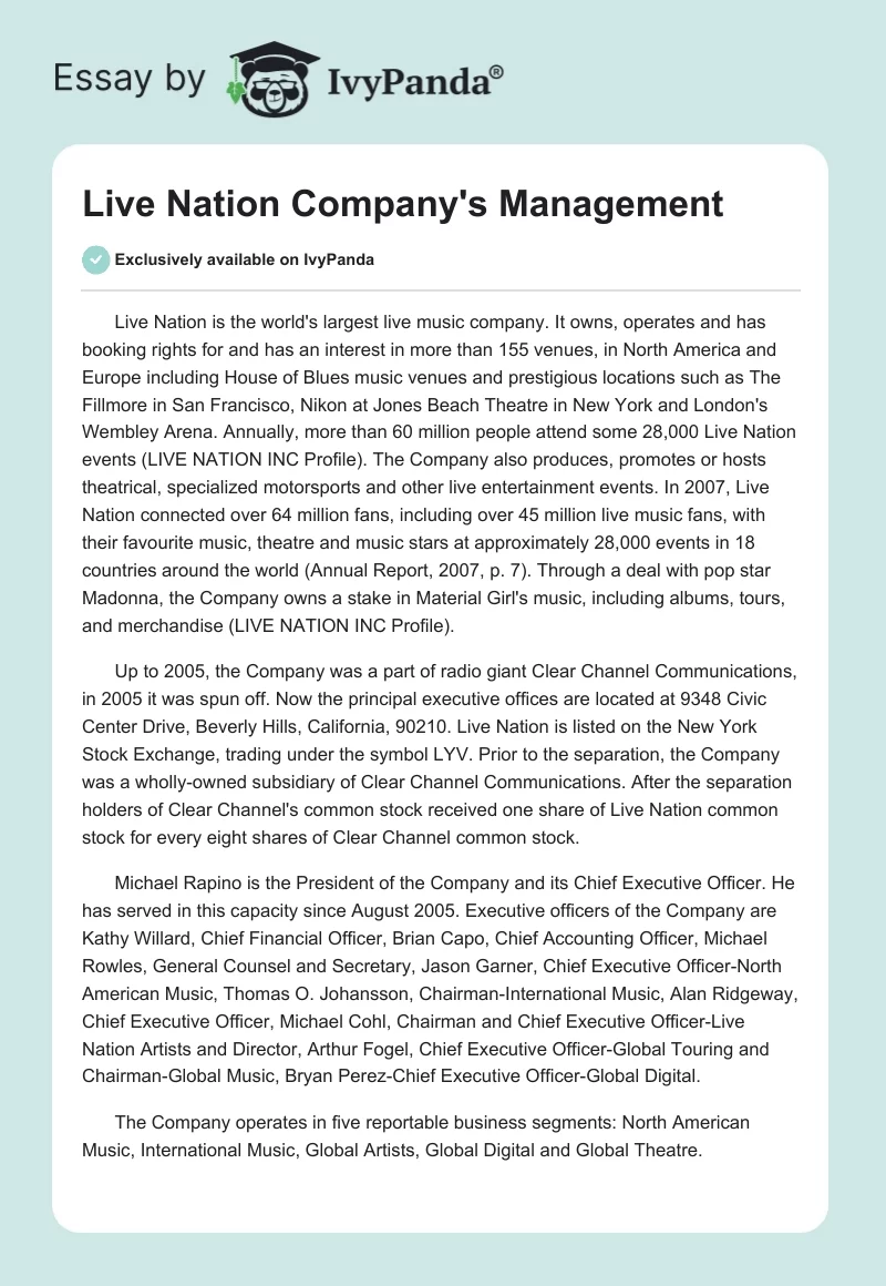Live Nation Company's Management. Page 1