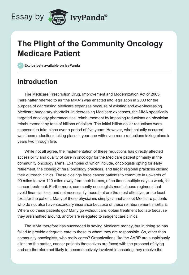 The Plight of the Community Oncology Medicare Patient. Page 1