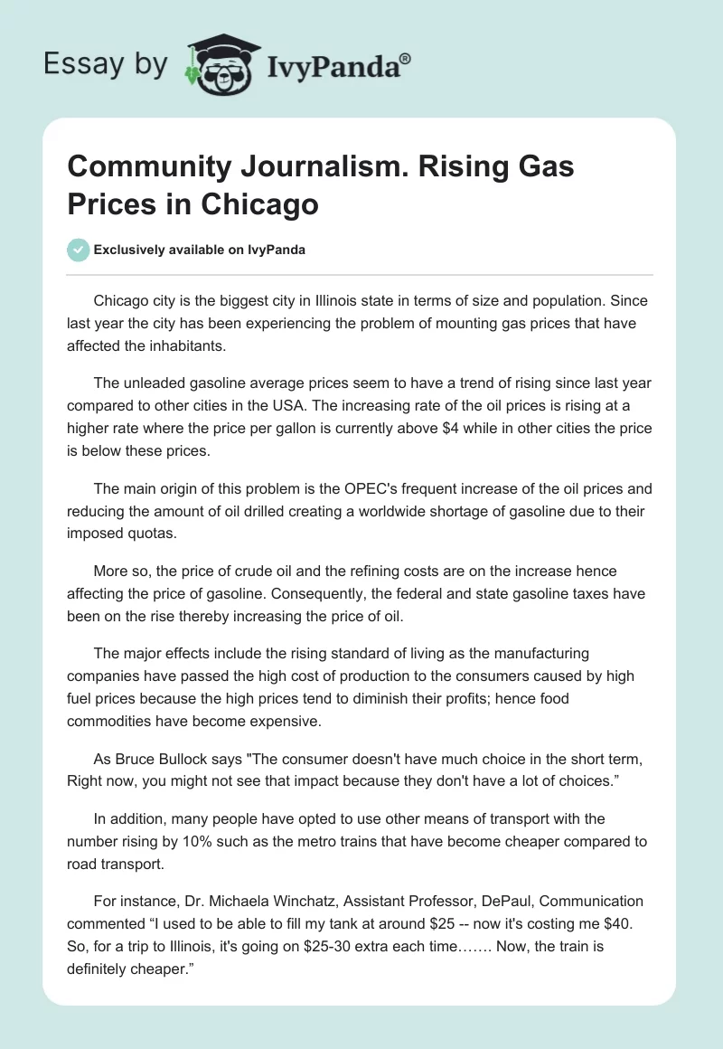 Community Journalism. Rising Gas Prices in Chicago. Page 1