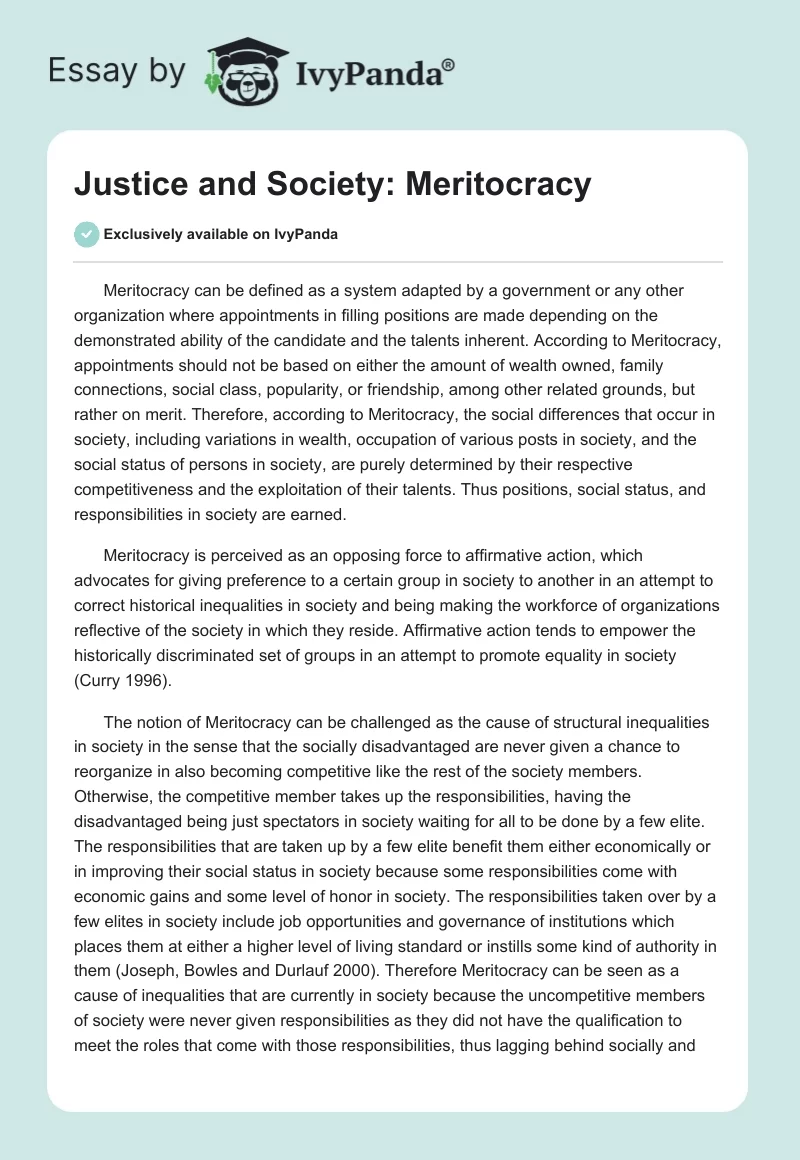 Justice and Society: Meritocracy. Page 1