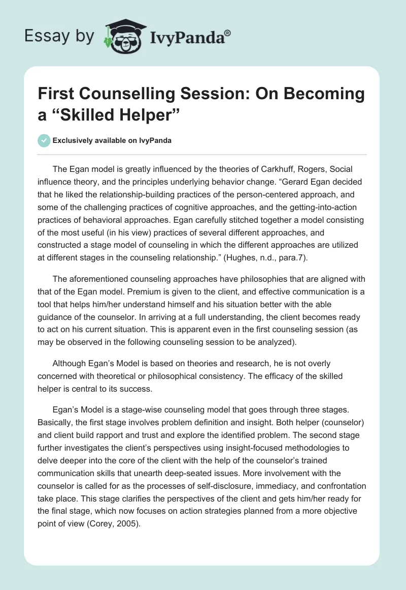 First Counselling Session: On Becoming a “Skilled Helper”. Page 1