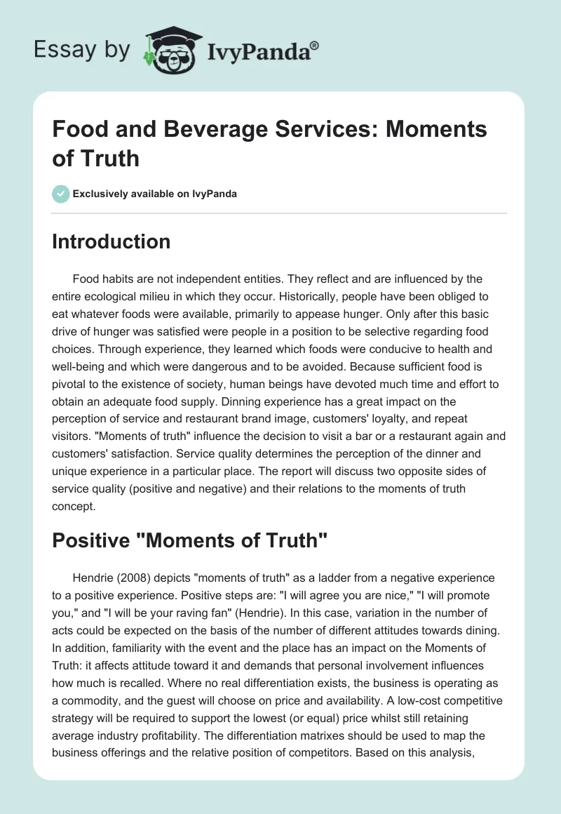 Food and Beverage Services: "Moments of Truth". Page 1