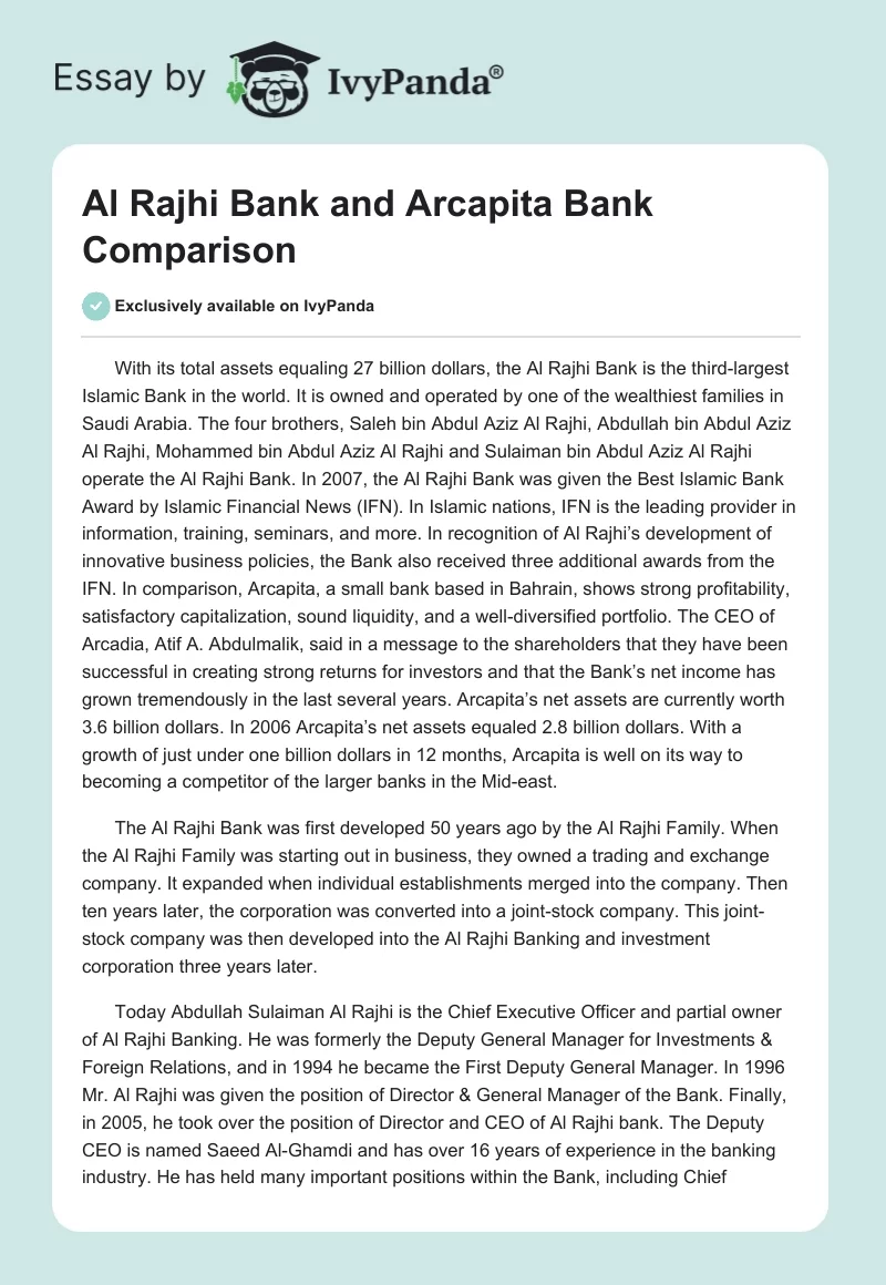 Al Rajhi Bank and Arcapita Bank Comparison. Page 1