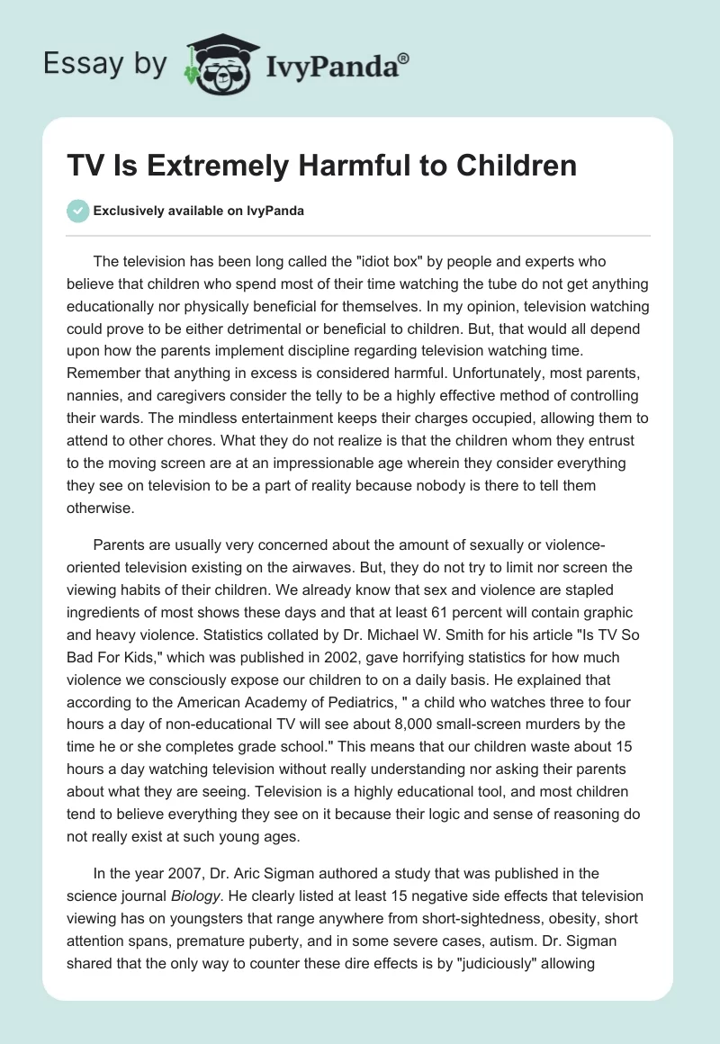 TV Is Extremely Harmful to Children. Page 1
