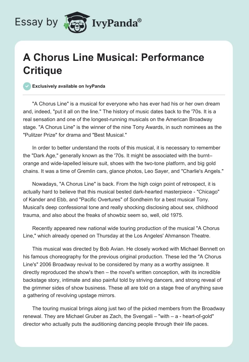 "A Chorus Line" Musical: Performance Critique. Page 1