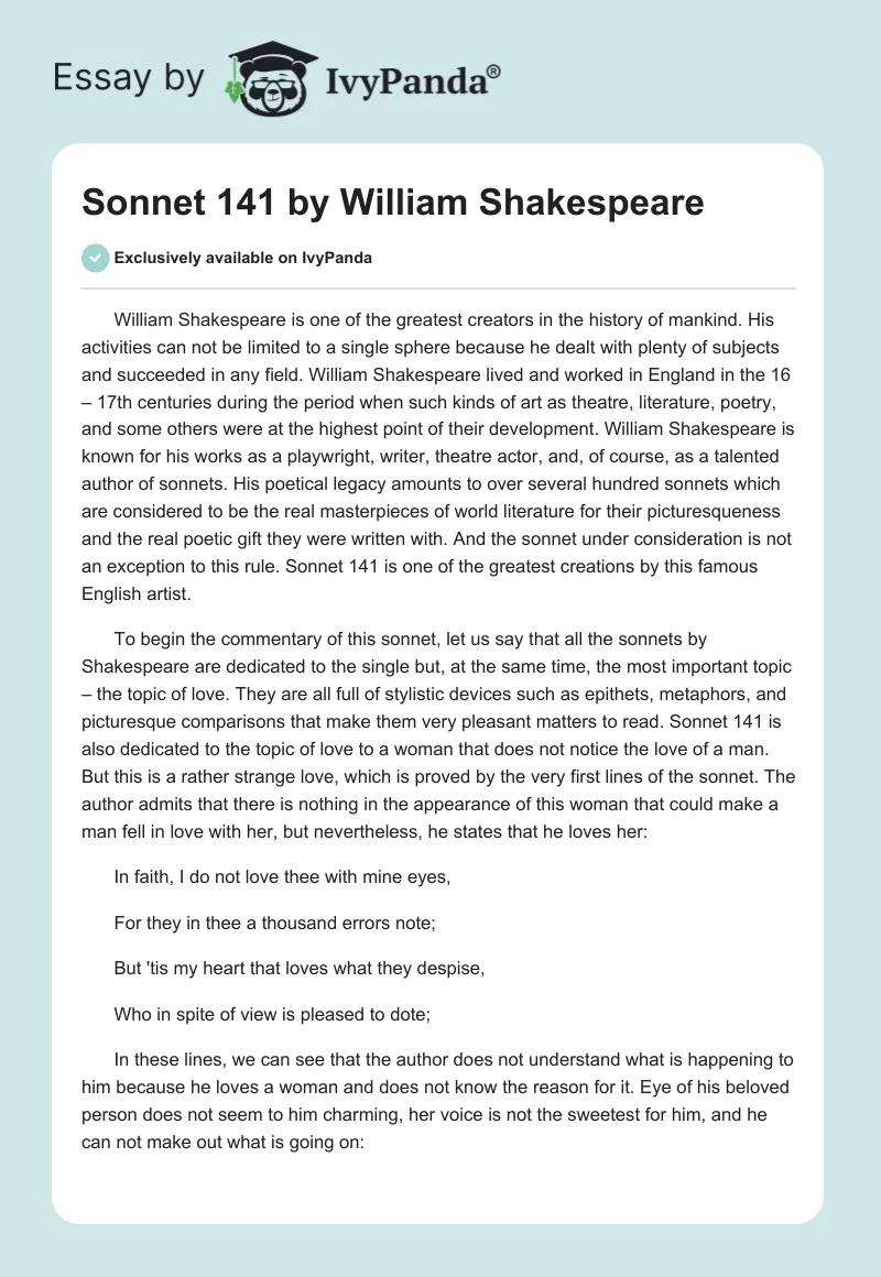 Sonnet 141 by William Shakespeare. Page 1