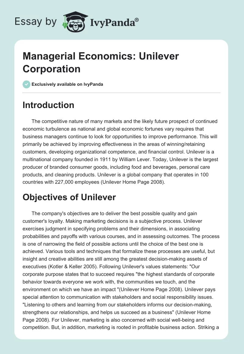 Managerial Economics: Unilever Corporation. Page 1