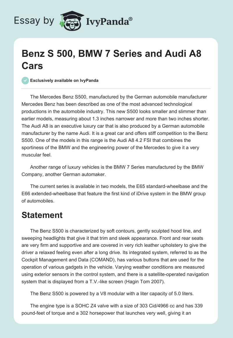 Benz S 500, BMW 7 Series and Audi A8 Cars. Page 1