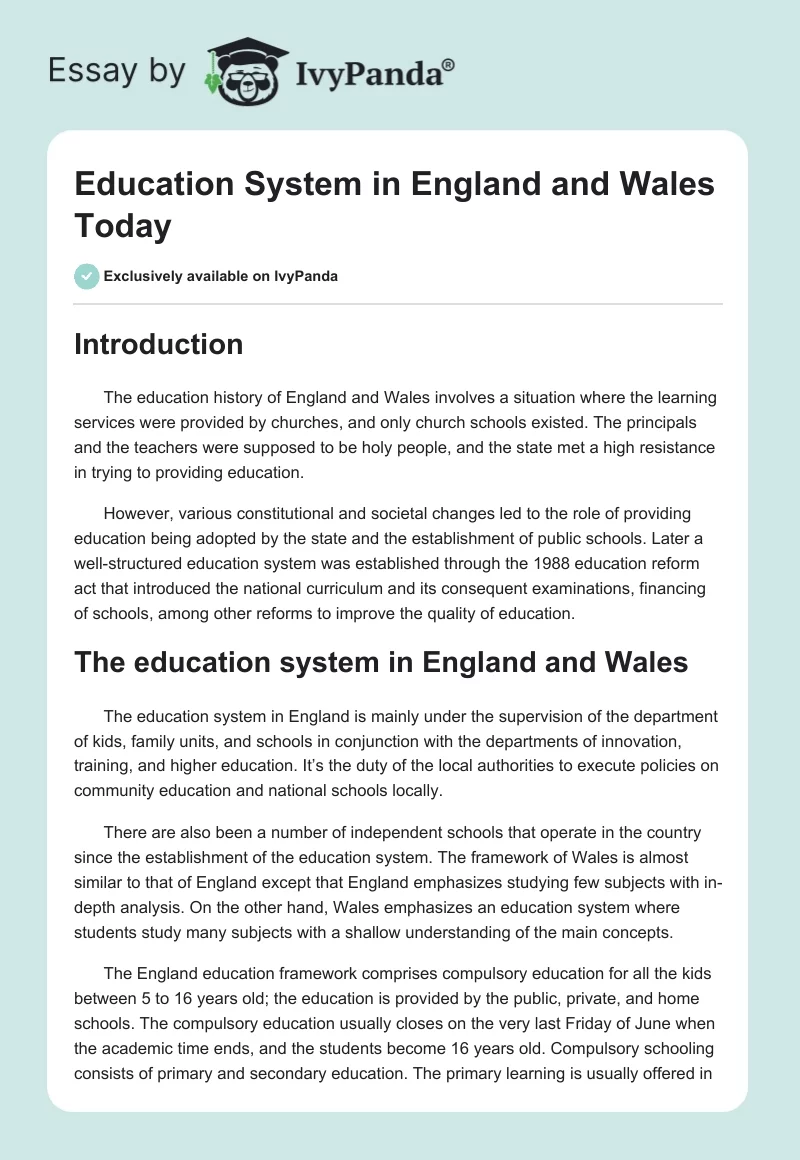 Education System in England and Wales Today. Page 1