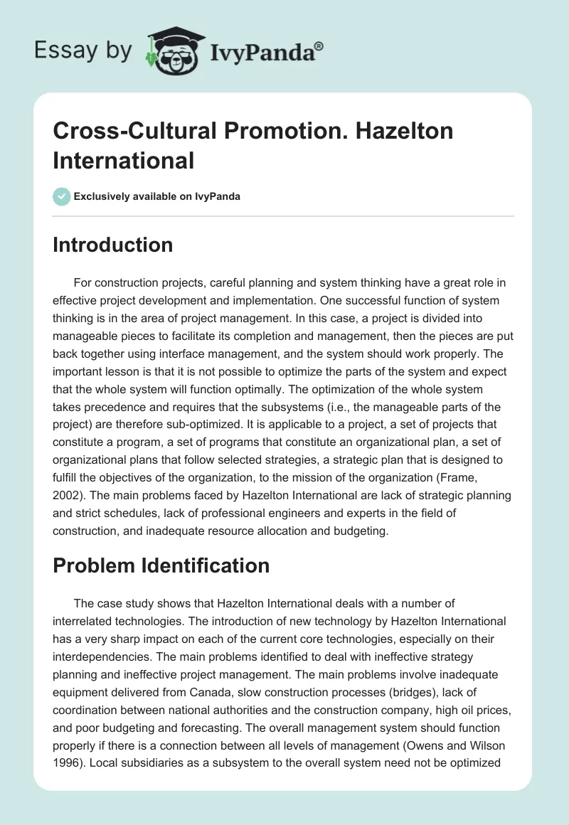 Cross-Cultural Promotion. Hazelton International. Page 1