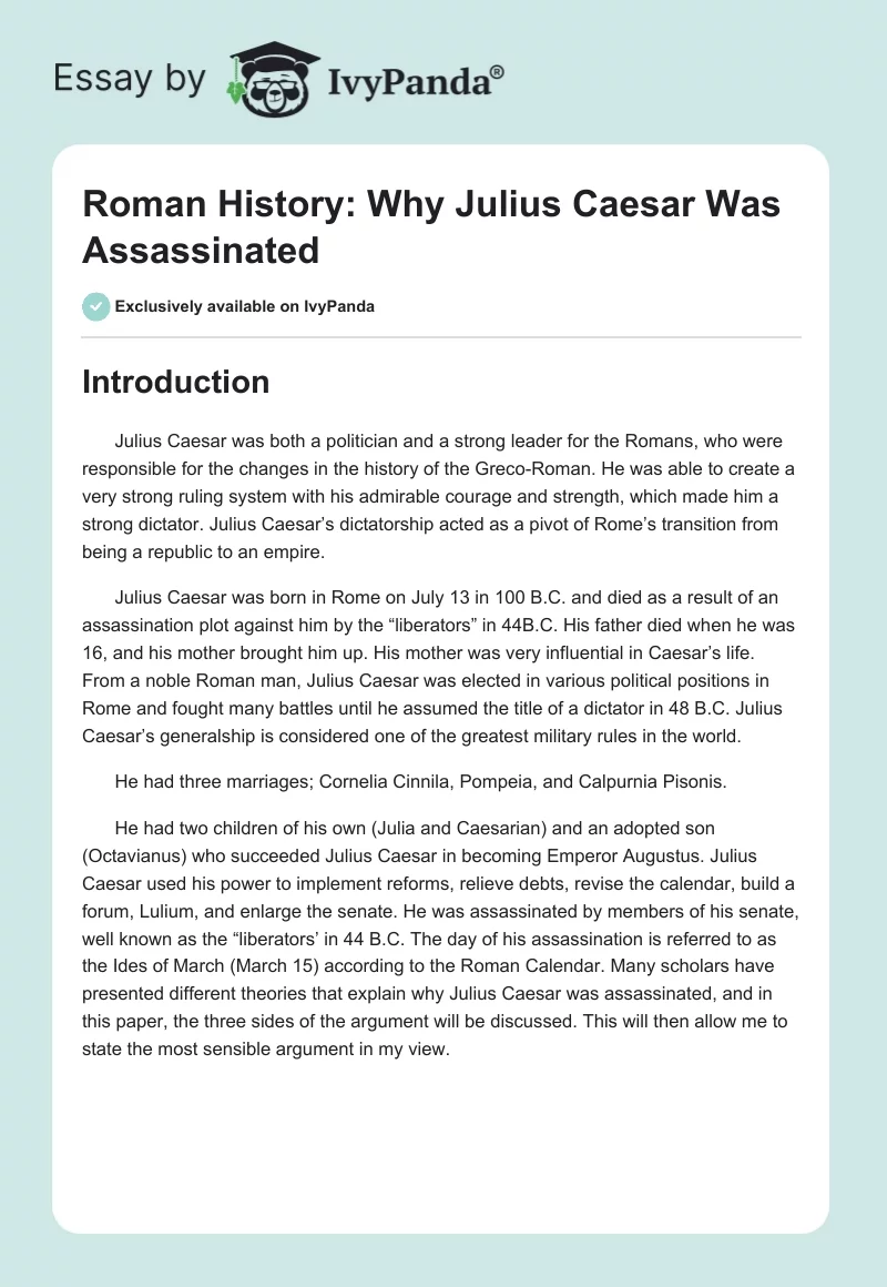 Roman History: Why Julius Caesar Was Assassinated. Page 1