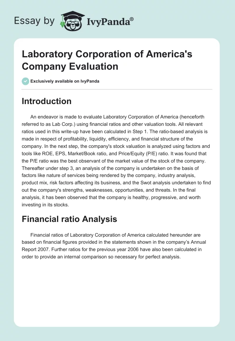 Laboratory Corporation of America's Company Evaluation. Page 1