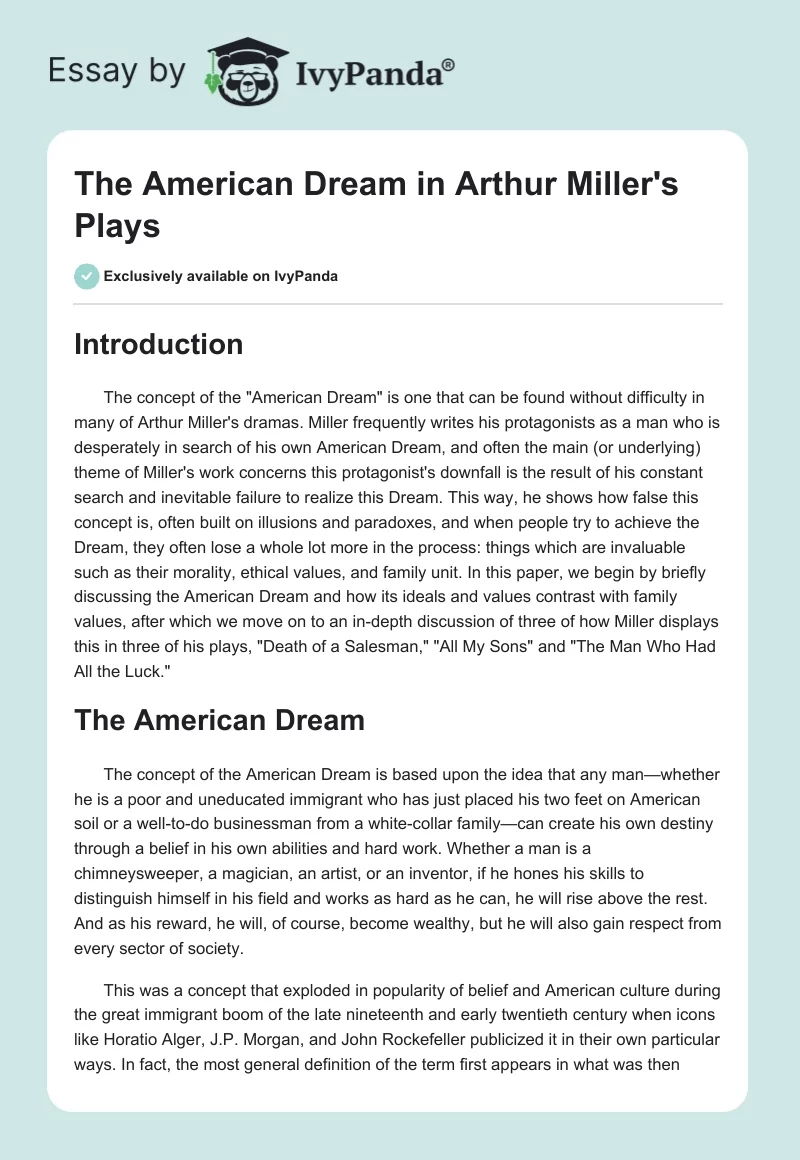 The American Dream in Arthur Miller's Plays. Page 1