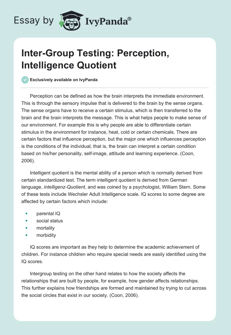 Inter-Group Testing: Perception, Intelligence Quotient. Page 1