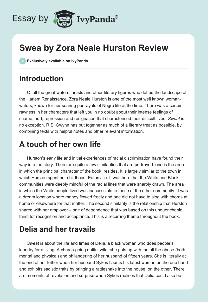 Swea by Zora Neale Hurston Review. Page 1