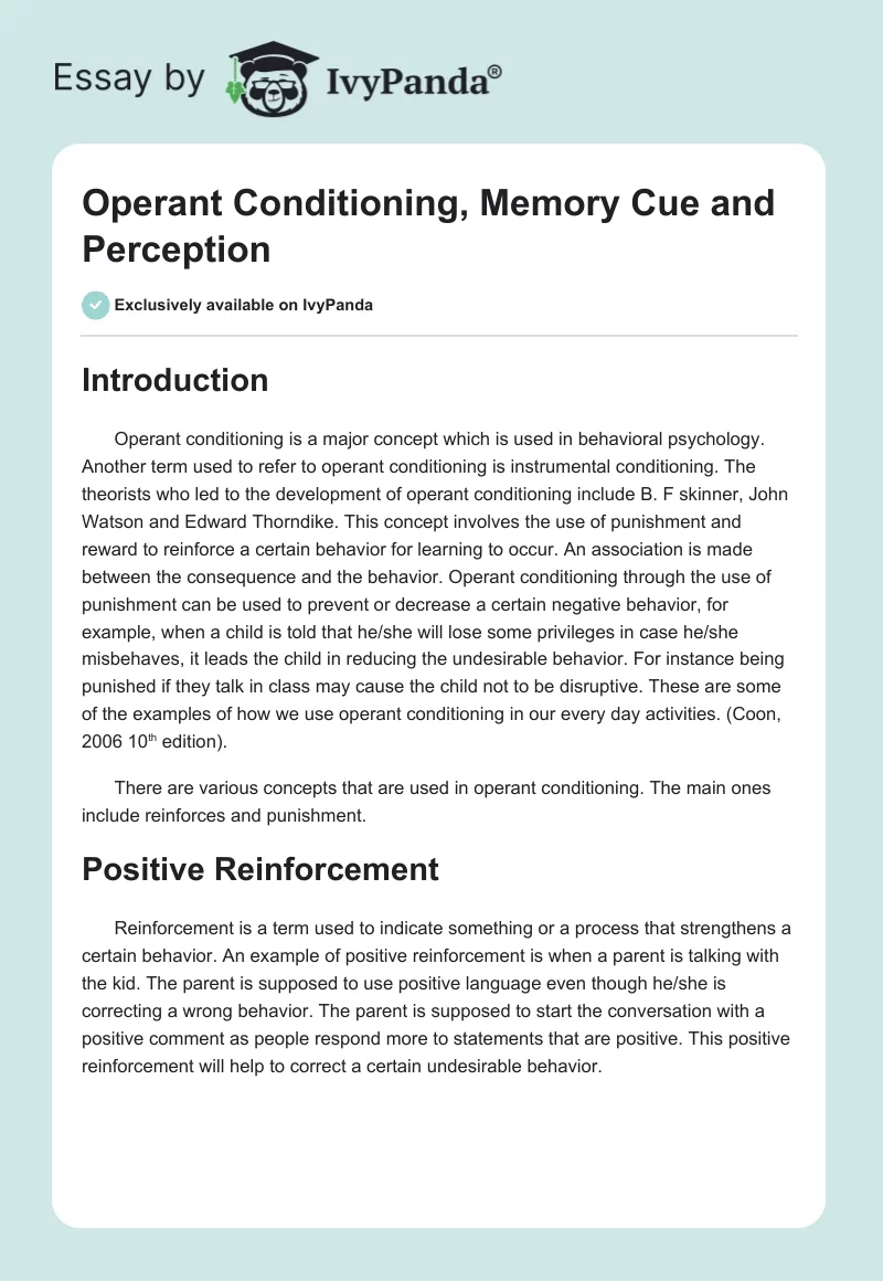 Operant Conditioning, Memory Cue and Perception. Page 1