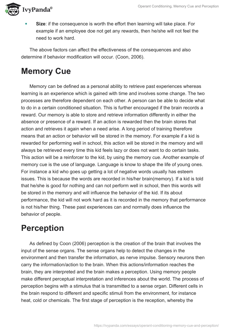 Operant Conditioning, Memory Cue and Perception. Page 3