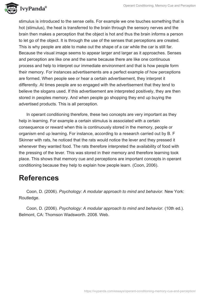 Operant Conditioning, Memory Cue and Perception. Page 4