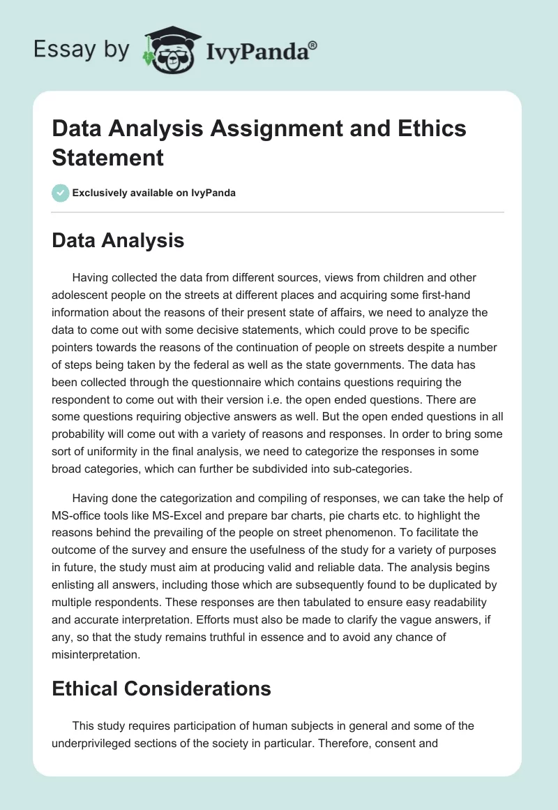 Data Analysis Assignment and Ethics Statement. Page 1