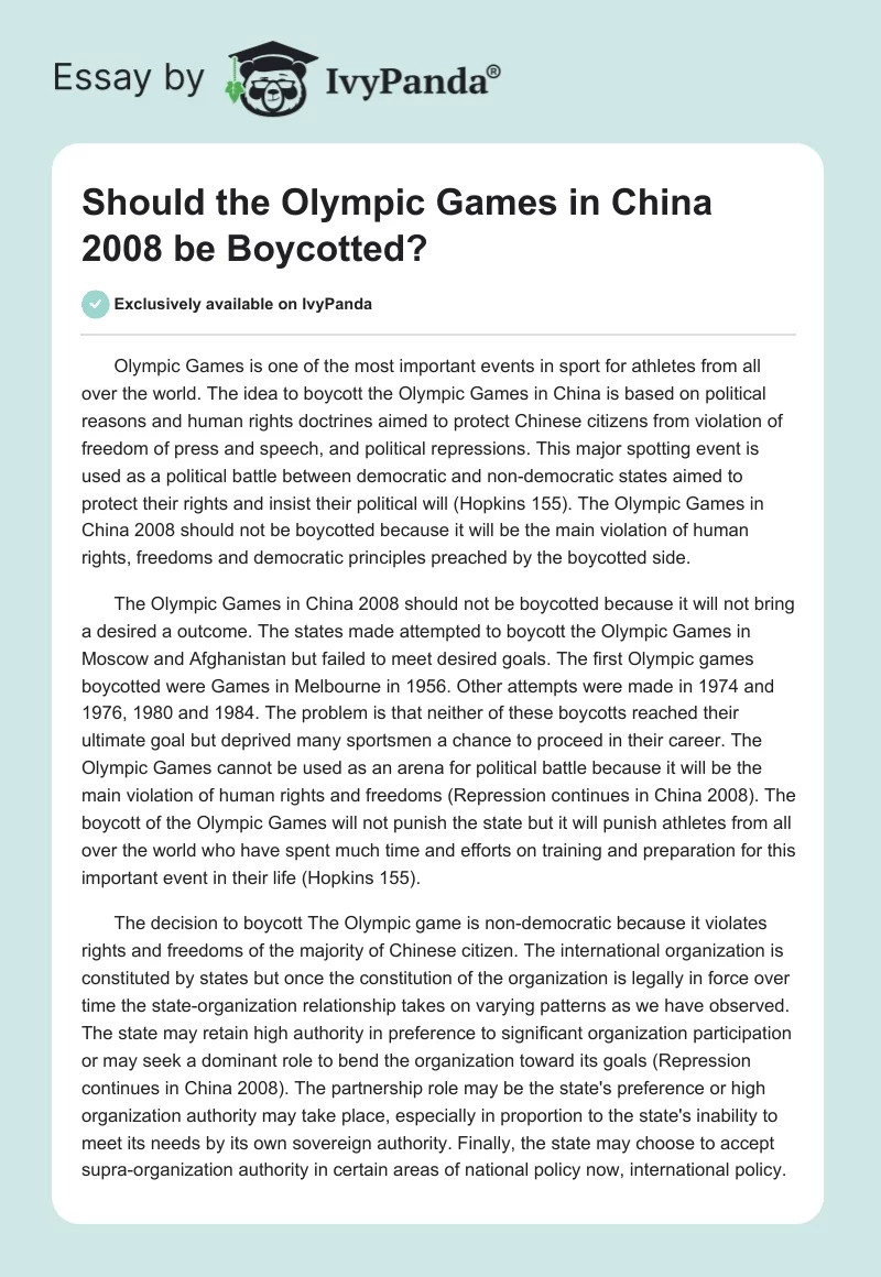 Should the Olympic Games in China 2008 be Boycotted?. Page 1