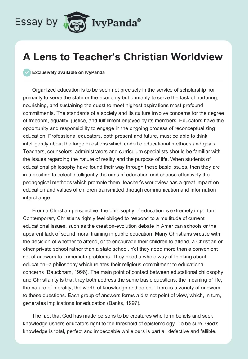 A Lens to Teacher's Christian Worldview. Page 1