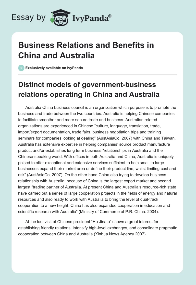 Business Relations and Benefits in China and Australia. Page 1